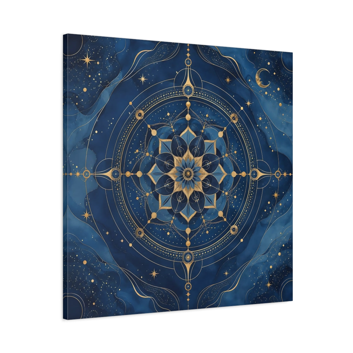 Main Mockup. Abstract Celestial Mandala Blue And Gold shown as stretched canvas wall art