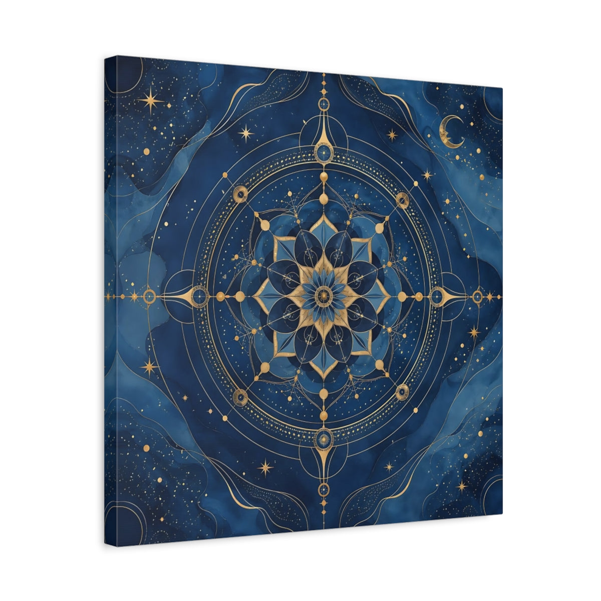 Side Mockup 5. Abstract Celestial Mandala Blue And Gold shown as stretched canvas wall art