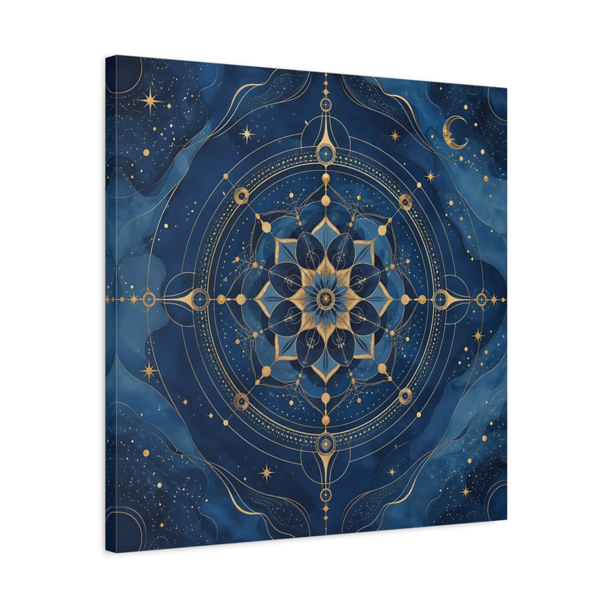 Side Mockup 4. Abstract Celestial Mandala Blue And Gold shown as stretched canvas wall art