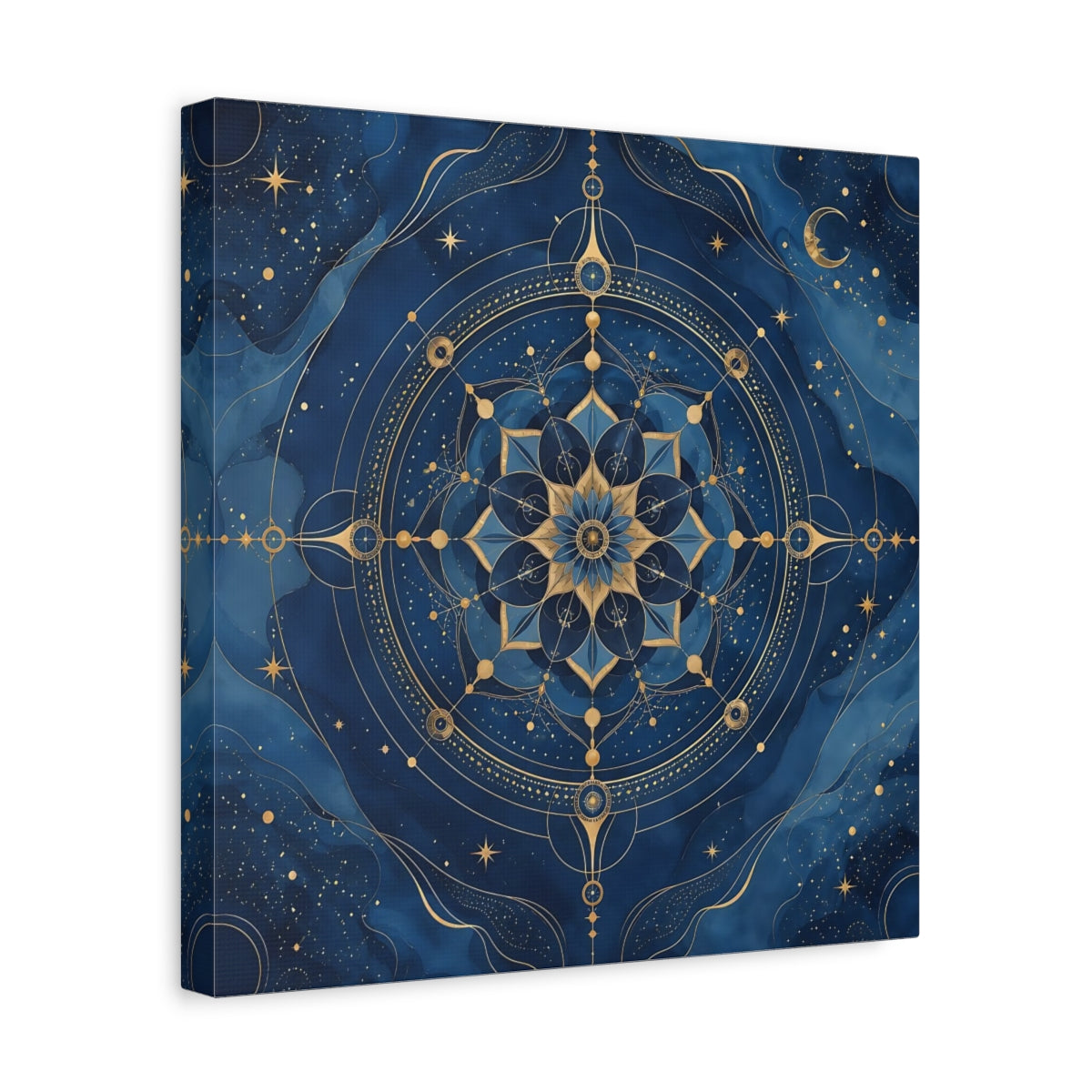 Side Mockup 7. Abstract Celestial Mandala Blue And Gold shown as stretched canvas wall art
