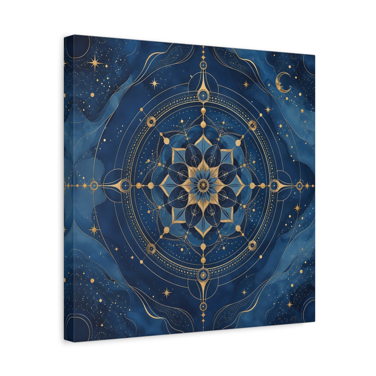 Side Mockup 6. Abstract Celestial Mandala Blue And Gold shown as stretched canvas wall art