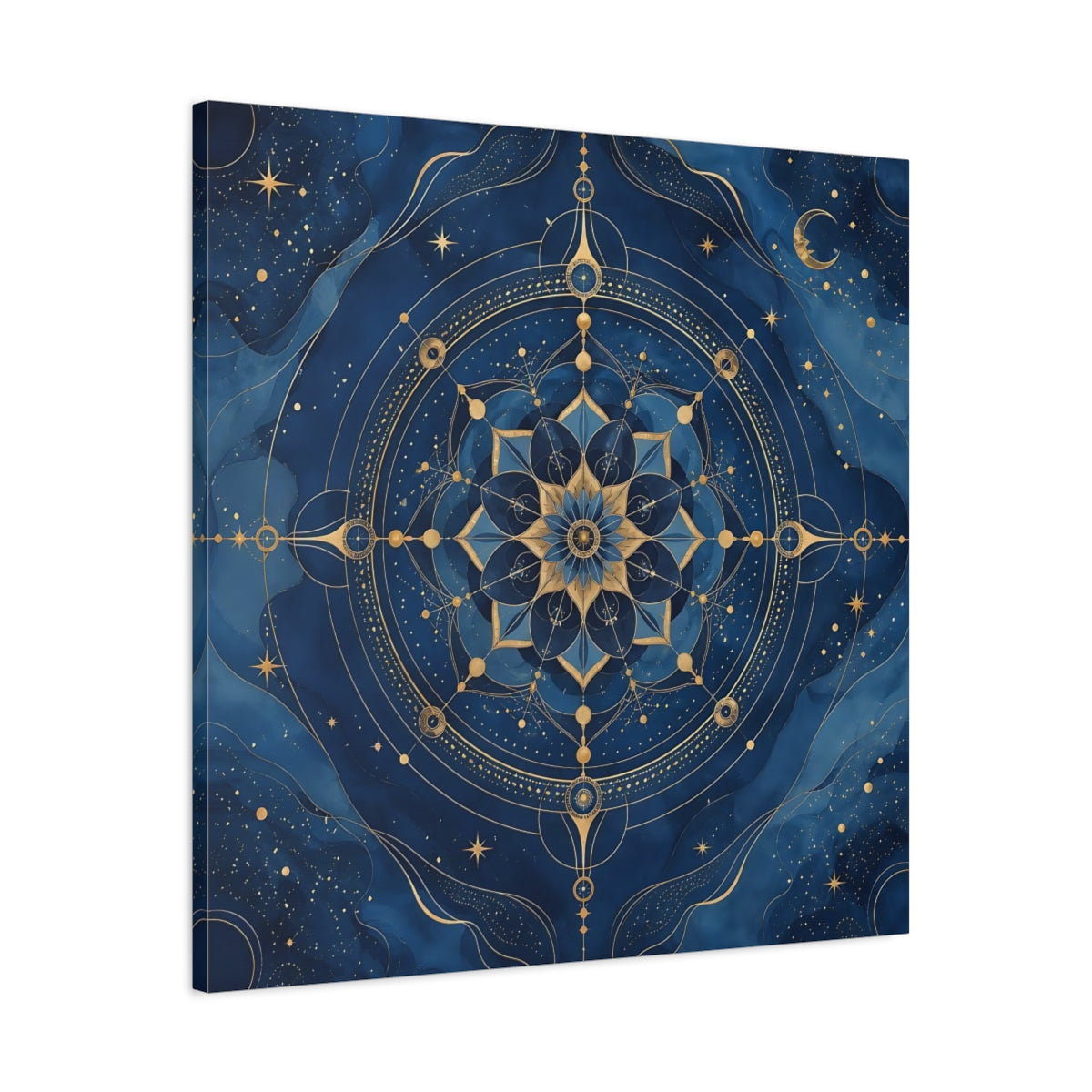 Side Mockup 3. Abstract Celestial Mandala Blue And Gold shown as stretched canvas wall art
