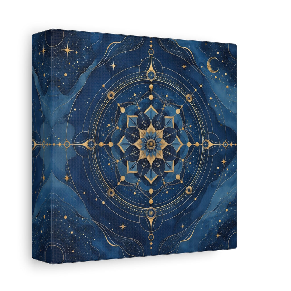 Side Mockup 2. Abstract Celestial Mandala Blue And Gold shown as stretched canvas wall art