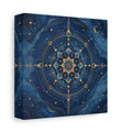 Side Mockup 2. Abstract Celestial Mandala Blue And Gold shown as stretched canvas wall art