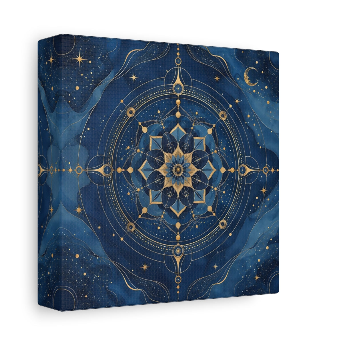Side Mockup 2. Abstract Celestial Mandala Blue And Gold shown as stretched canvas wall art