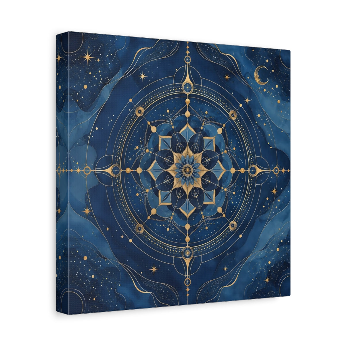 Side Mockup 8. Abstract Celestial Mandala Blue And Gold shown as stretched canvas wall art