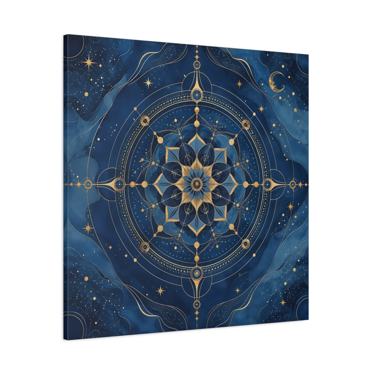Side Mockup 1. Abstract Celestial Mandala Blue And Gold shown as stretched canvas wall art