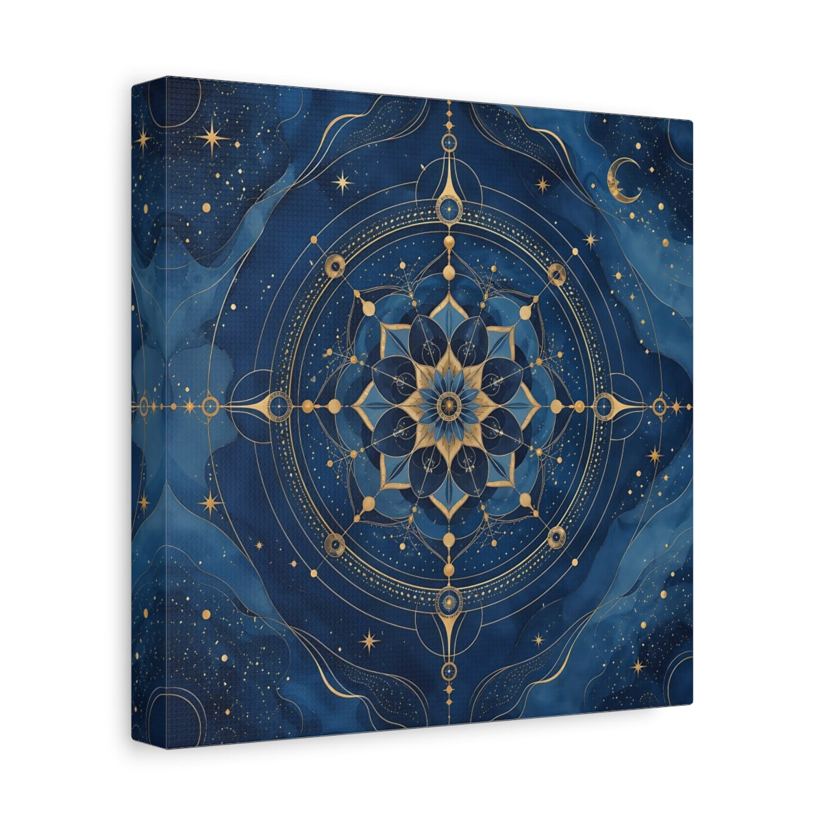 Side Mockup 9. Abstract Celestial Mandala Blue And Gold shown as stretched canvas wall art