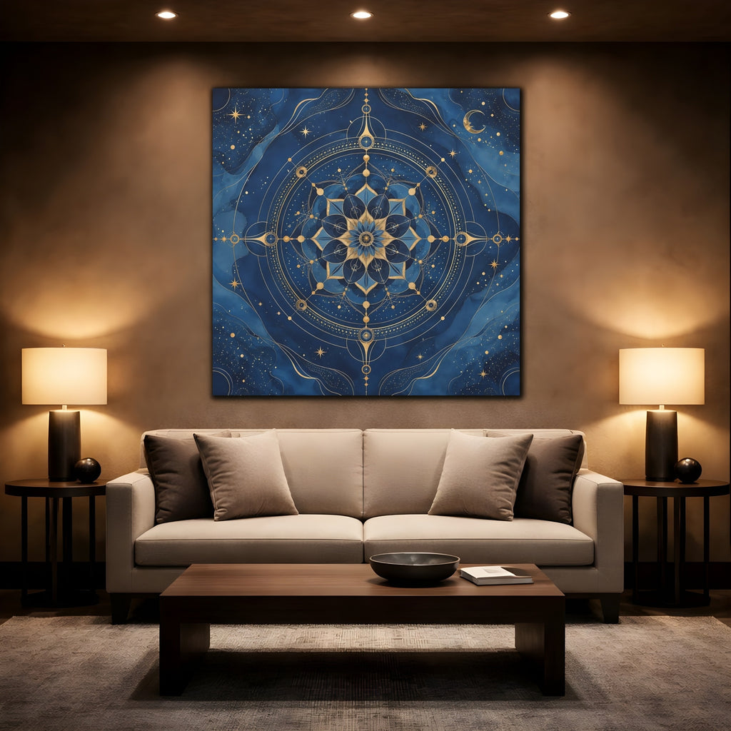 Mockup 2. Abstract Celestial Mandala Blue And Gold shown as stretched canvas wall art