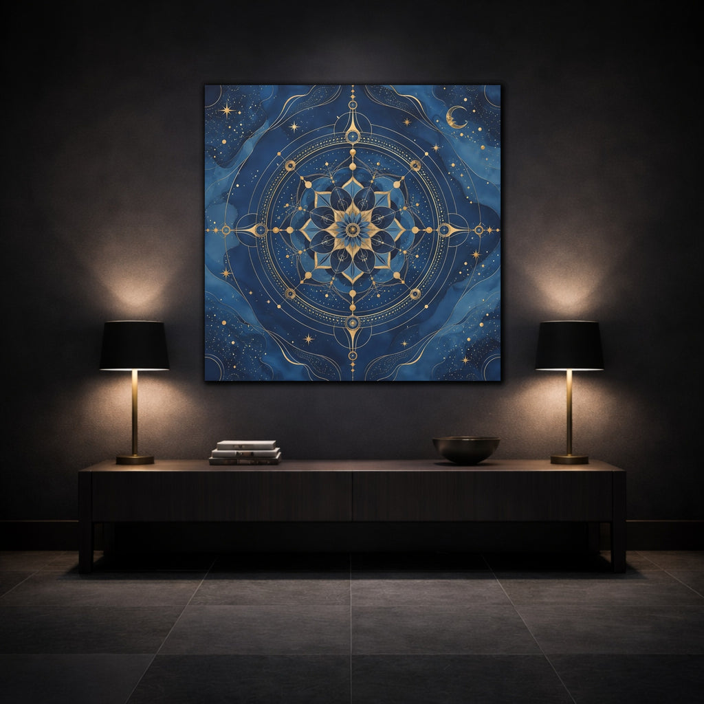 Mockup 3. Abstract Celestial Mandala Blue And Gold shown as stretched canvas wall art