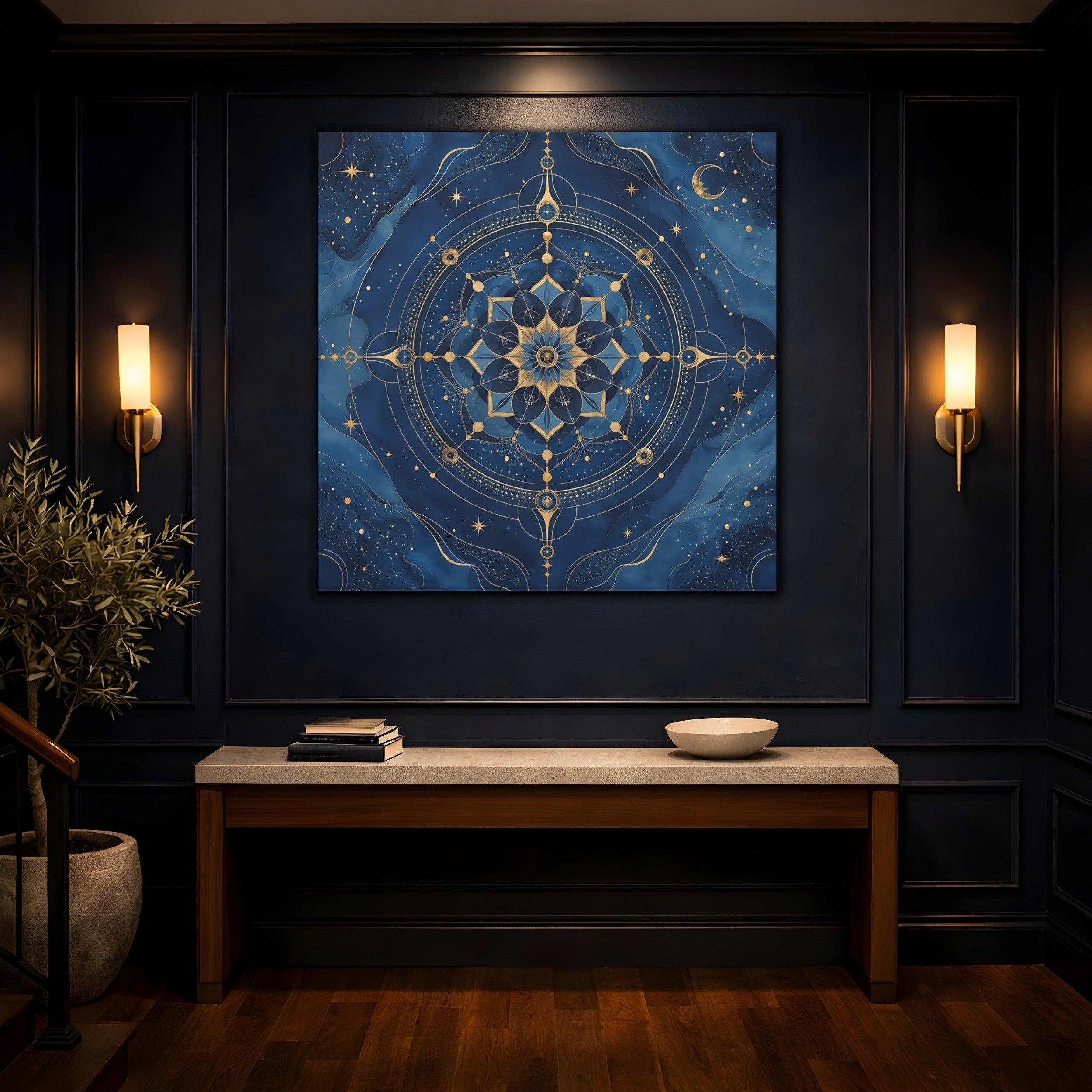 Mockup 4. Abstract Celestial Mandala Blue And Gold shown as stretched canvas wall art