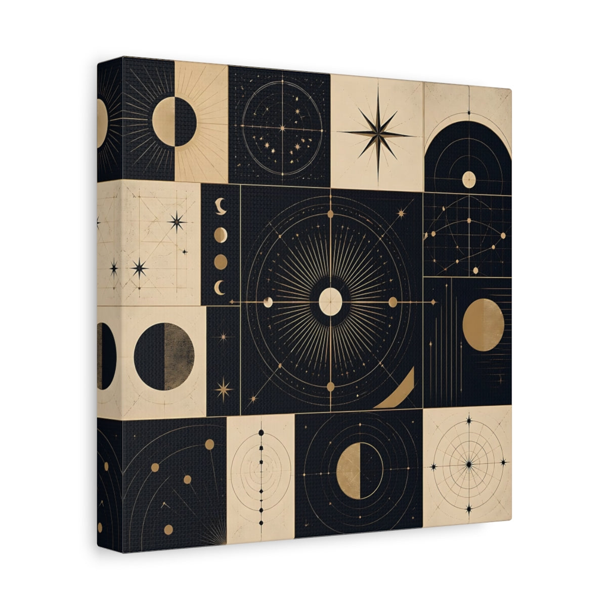 Side Mockup 9. Abstract Celestial Objects Black And Gold Celestial shown as stretched canvas wall art