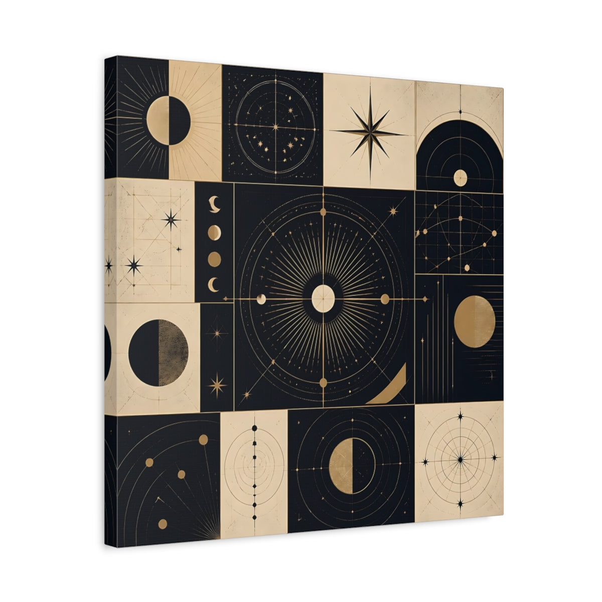 Side Mockup 5. Abstract Celestial Objects Black And Gold Celestial shown as stretched canvas wall art