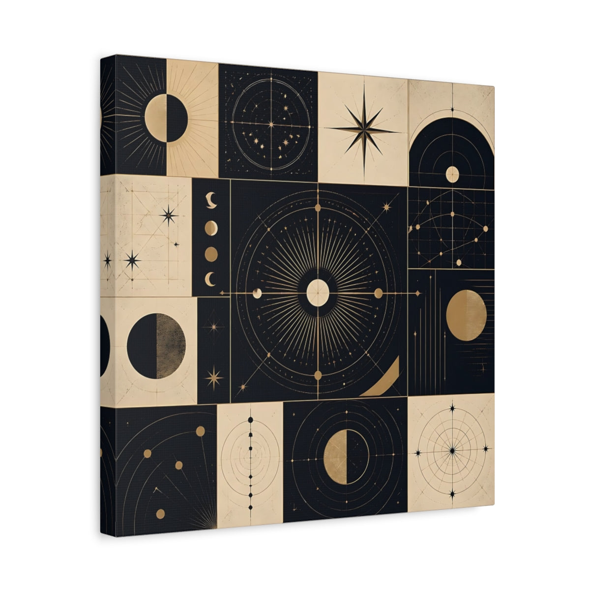 Side Mockup 6. Abstract Celestial Objects Black And Gold Celestial shown as stretched canvas wall art