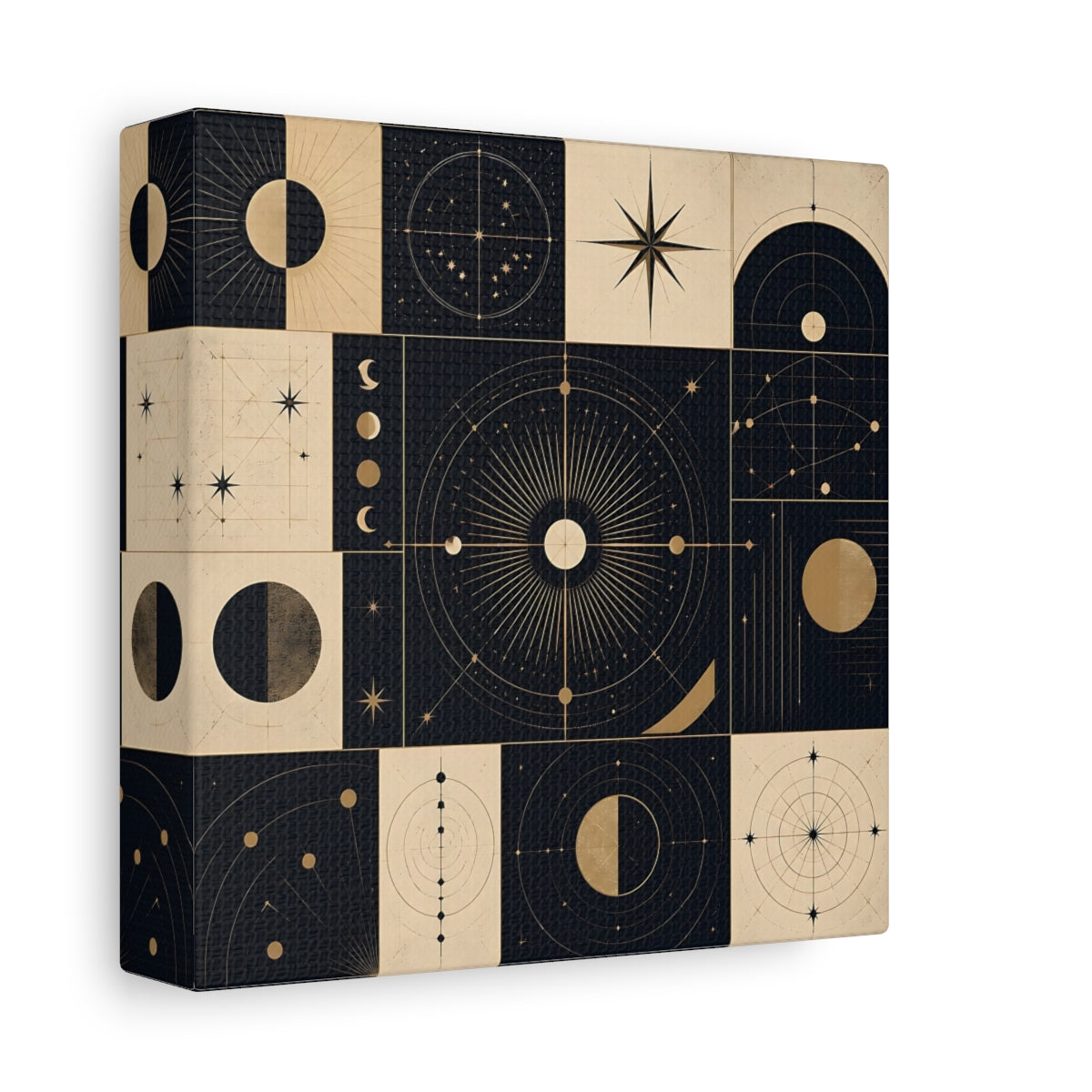 Side Mockup 2. Abstract Celestial Objects Black And Gold Celestial shown as stretched canvas wall art