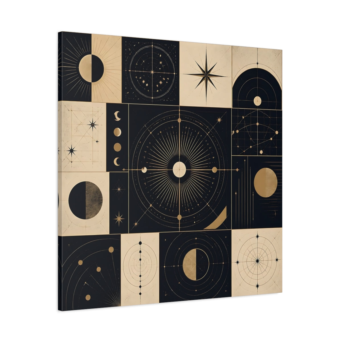 Side Mockup 1. Abstract Celestial Objects Black And Gold Celestial shown as stretched canvas wall art
