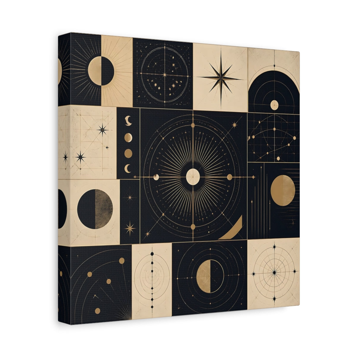 Side Mockup 8. Abstract Celestial Objects Black And Gold Celestial shown as stretched canvas wall art