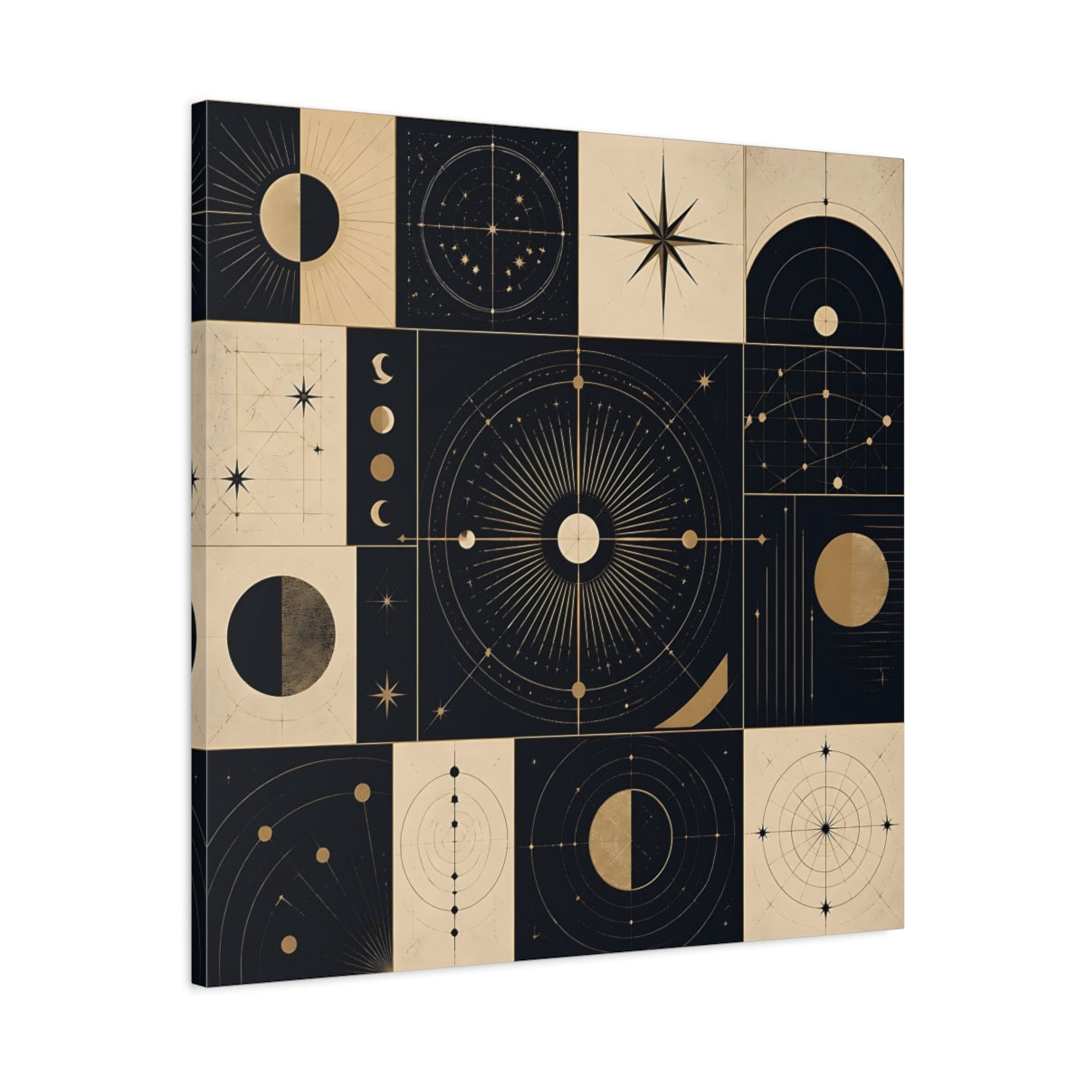 Side Mockup 3. Abstract Celestial Objects Black And Gold Celestial shown as stretched canvas wall art