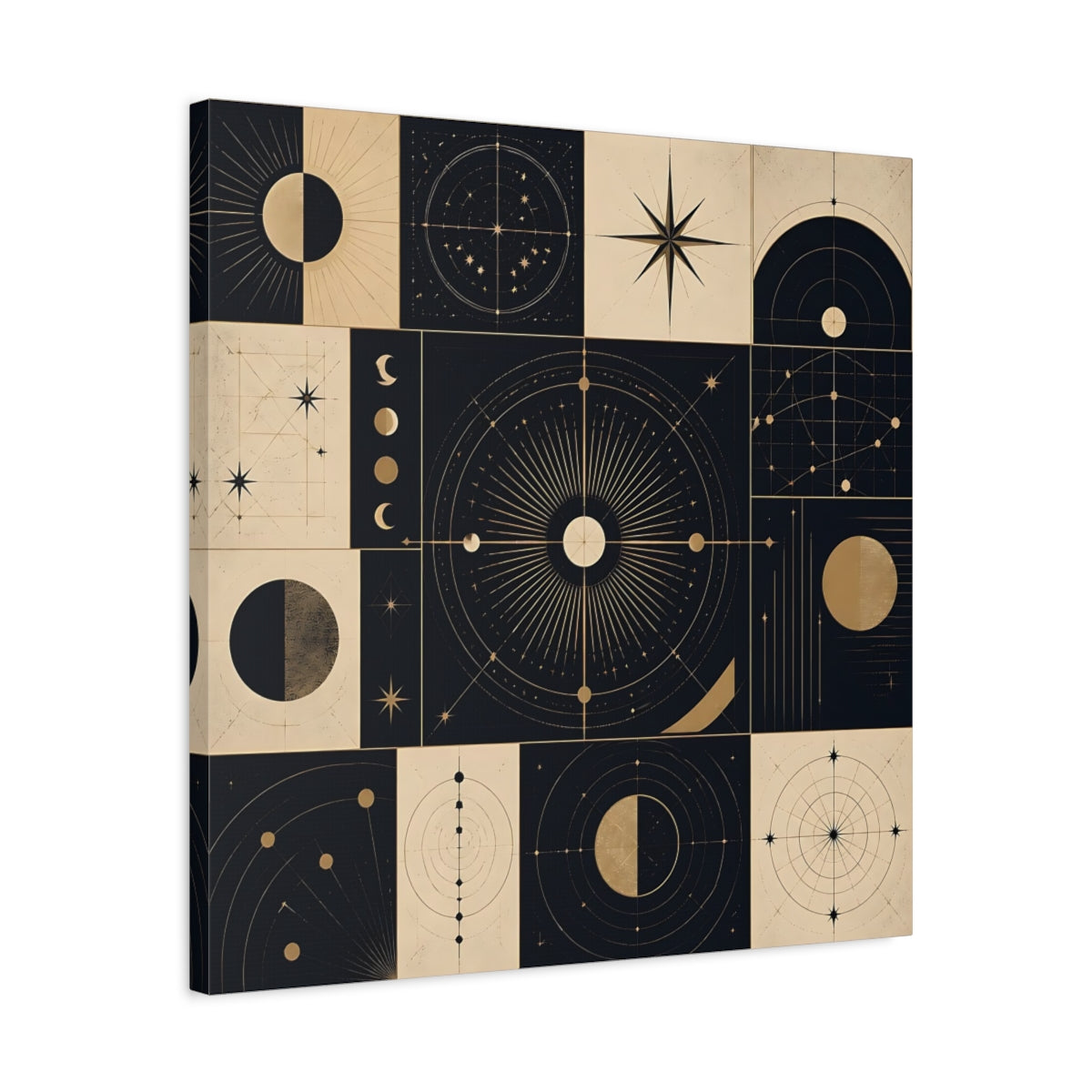 Side Mockup 4. Abstract Celestial Objects Black And Gold Celestial shown as stretched canvas wall art
