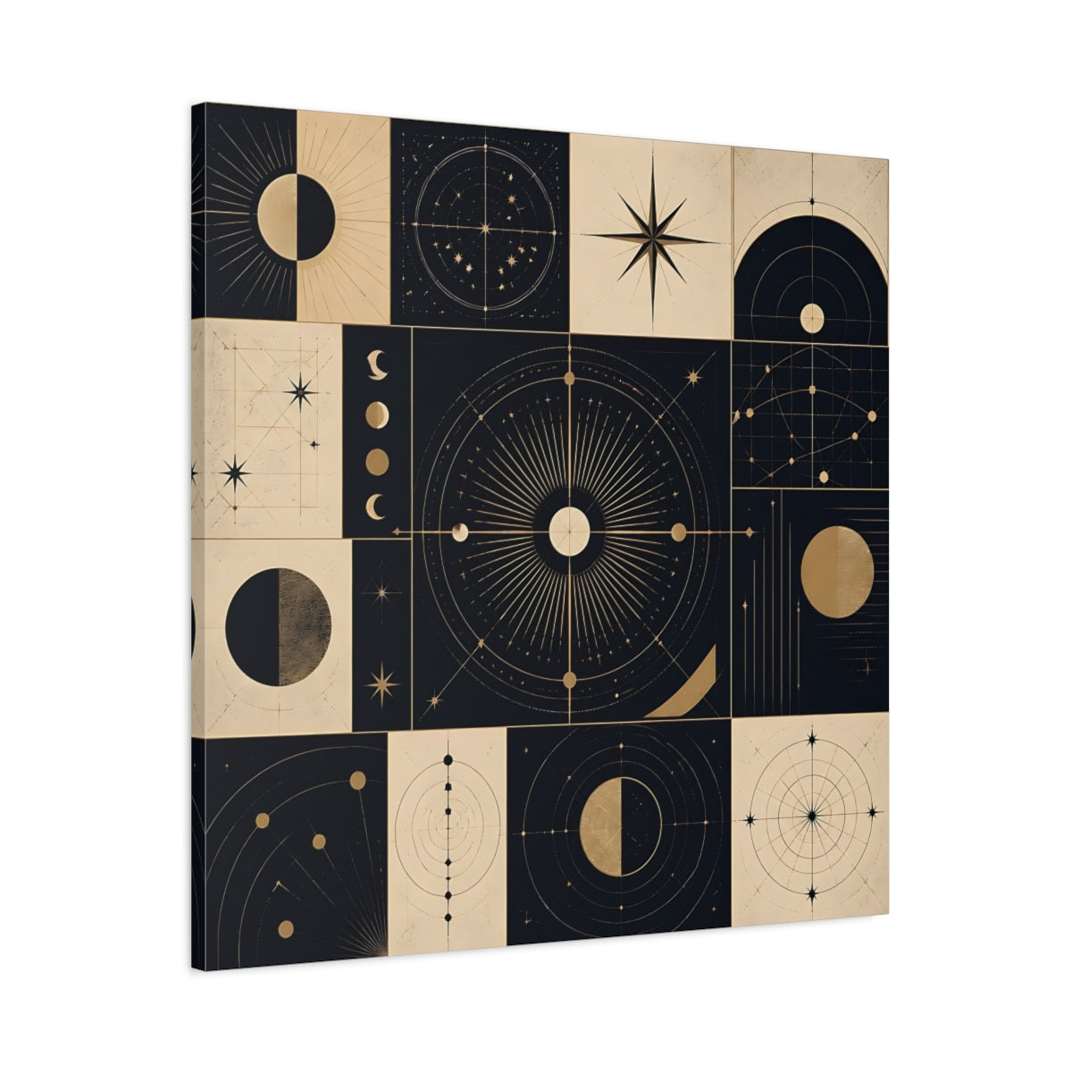 Main Mockup. Abstract Celestial Objects Black And Gold Celestial shown as stretched canvas wall art