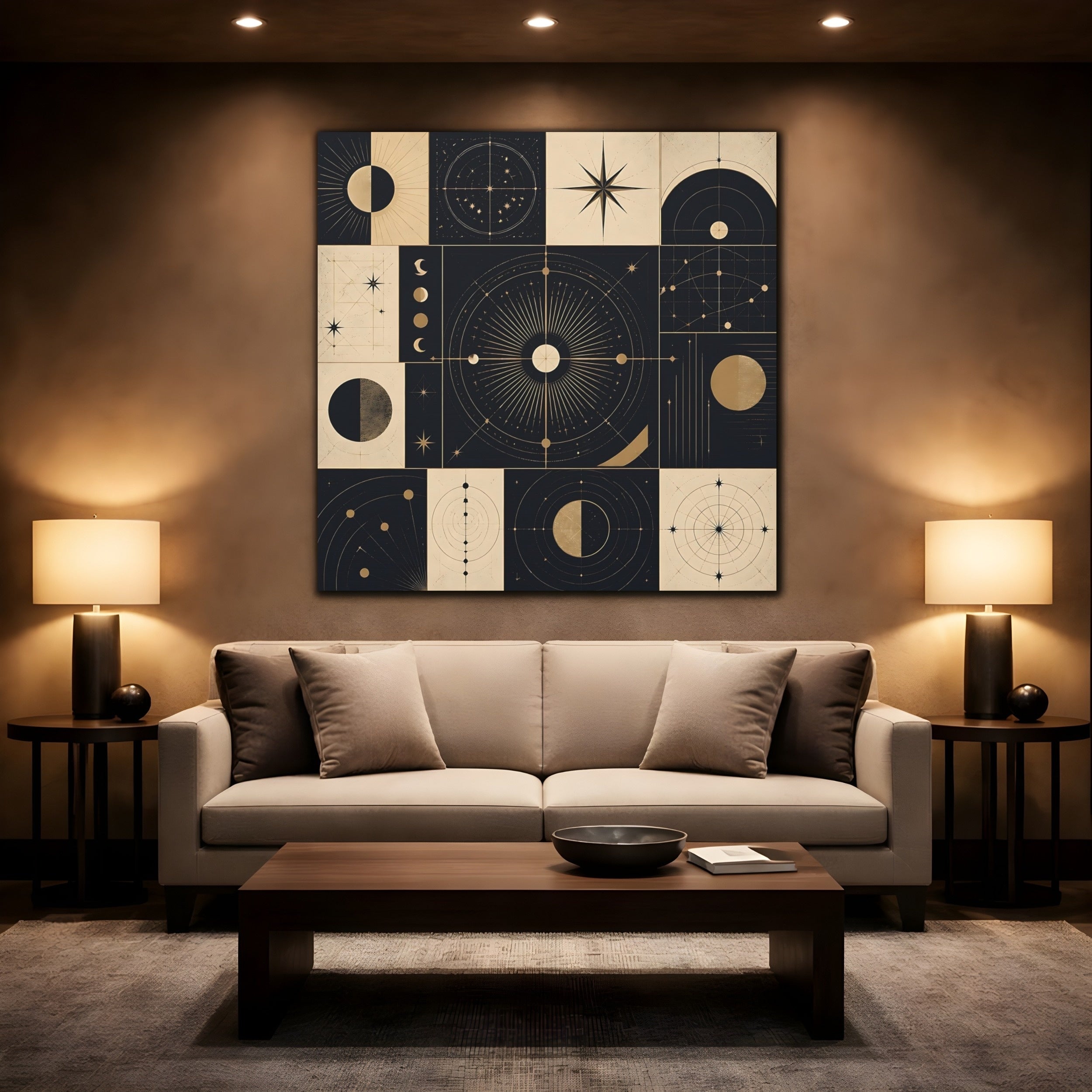 Mockup 2. Abstract Celestial Objects Black And Gold Celestial shown as stretched canvas wall art