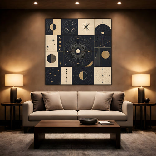 Mockup 2. Abstract Celestial Objects Black And Gold Celestial shown as stretched canvas wall art