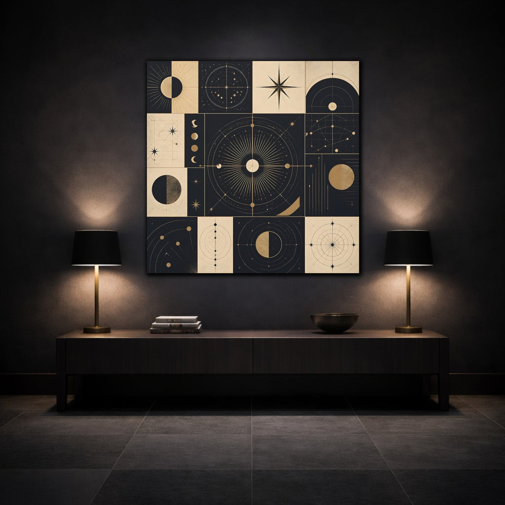 Mockup 3. Abstract Celestial Objects Black And Gold Celestial shown as stretched canvas wall art