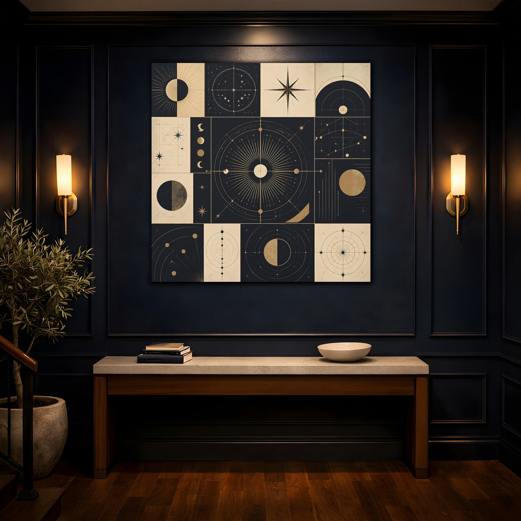 Mockup 4. Abstract Celestial Objects Black And Gold Celestial shown as stretched canvas wall art