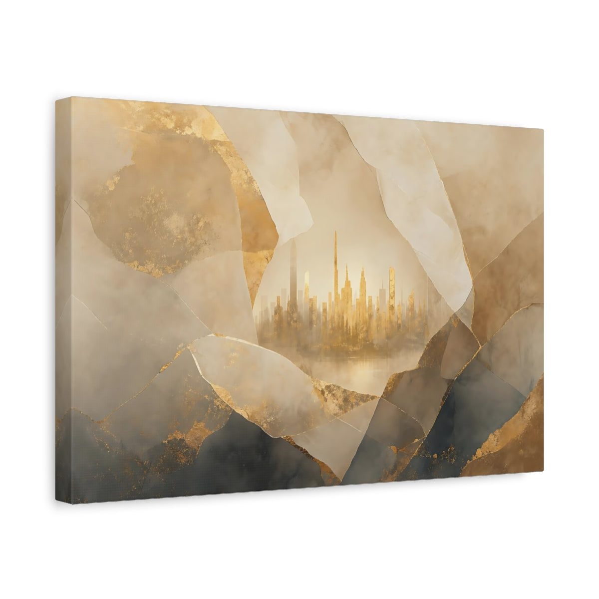 Side Mockup 4. Abstract City Skyline Gold And Grey City shown as stretched canvas wall art
