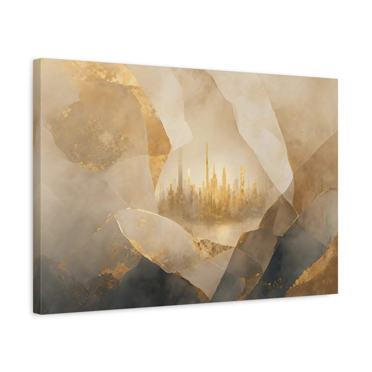 Side Mockup 3. Abstract City Skyline Gold And Grey City shown as stretched canvas wall art