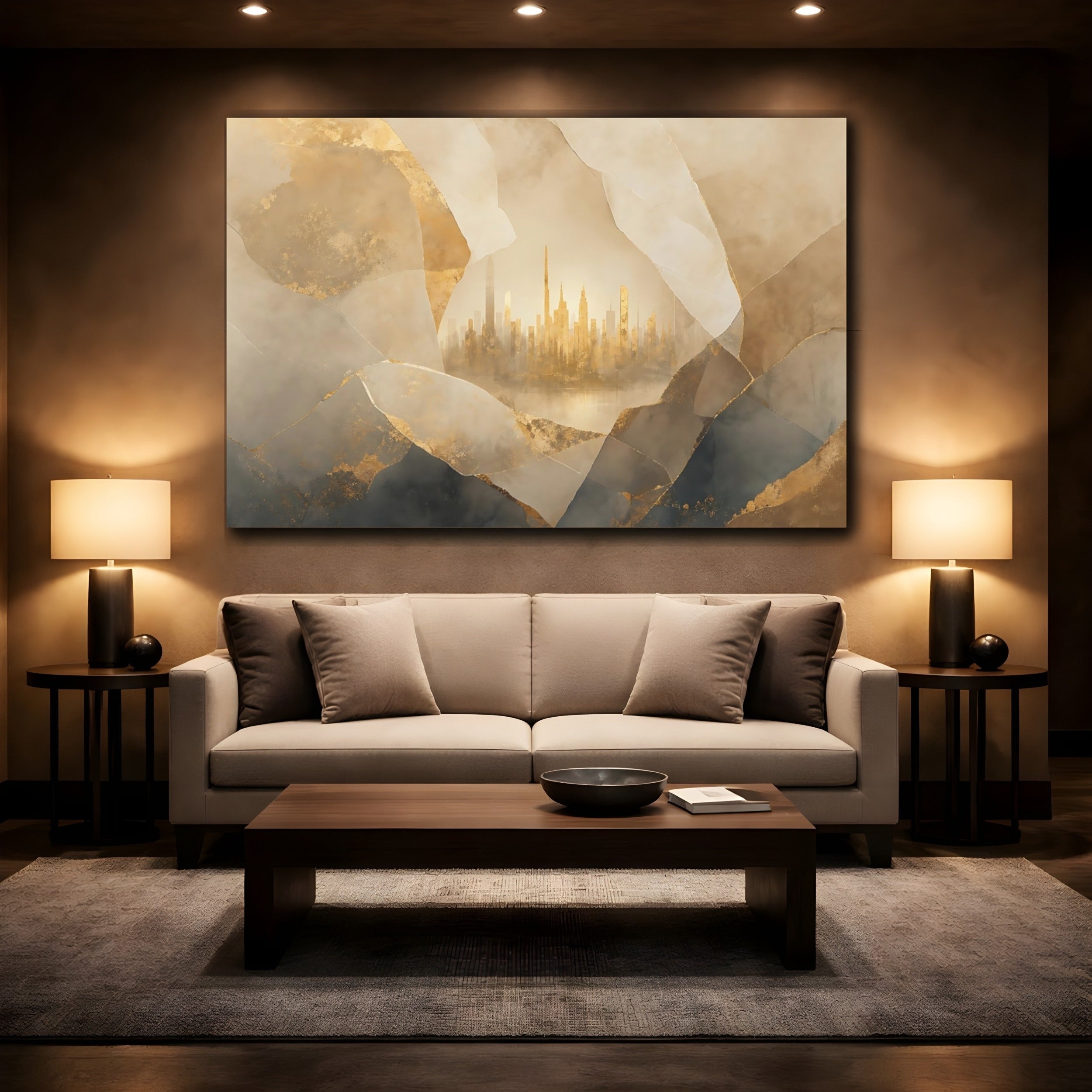 Mockup 2. Abstract City Skyline Gold And Grey City shown as stretched canvas wall art