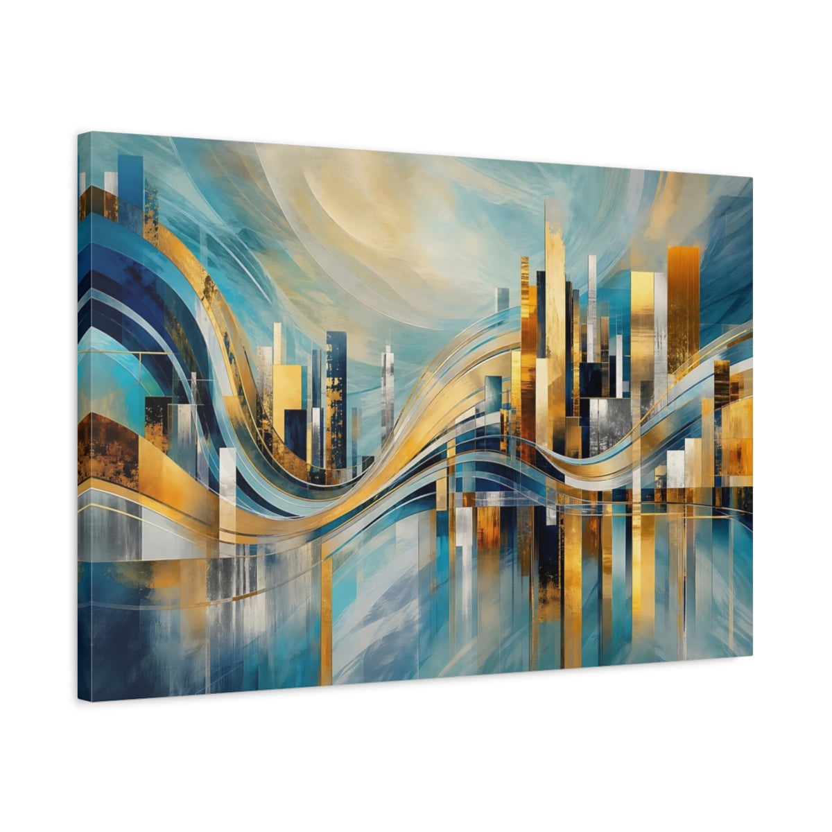 Side Mockup 2. Abstract Abstract Cityscape Blue And Gold Cityscape shown as stretched canvas wall art
