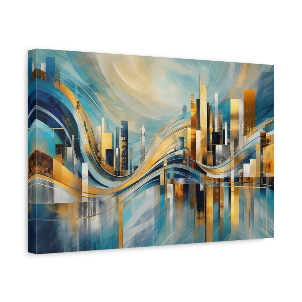 Side Mockup 4. Abstract Abstract Cityscape Blue And Gold Cityscape shown as stretched canvas wall art