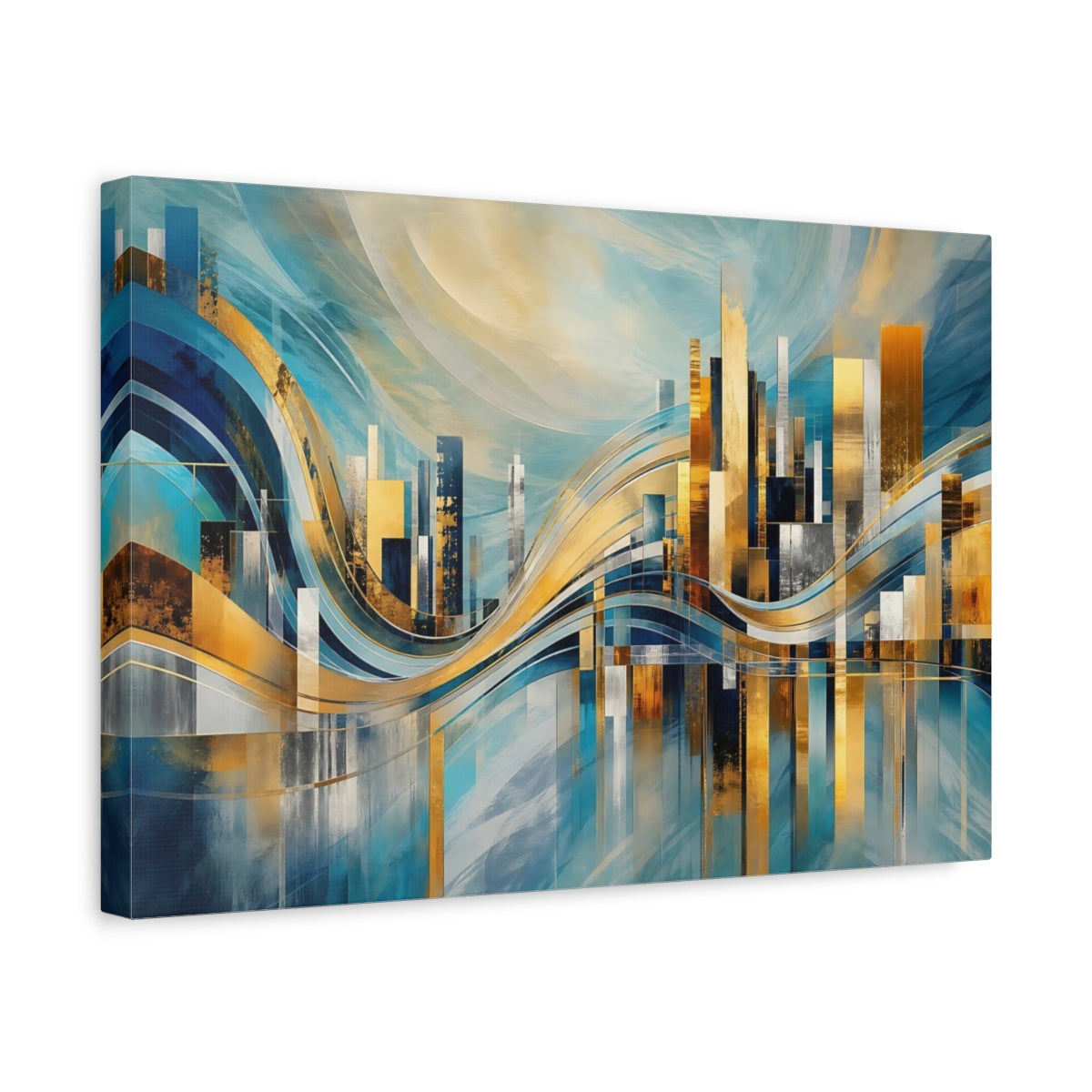 Side Mockup 4. Abstract Abstract Cityscape Blue And Gold Cityscape shown as stretched canvas wall art