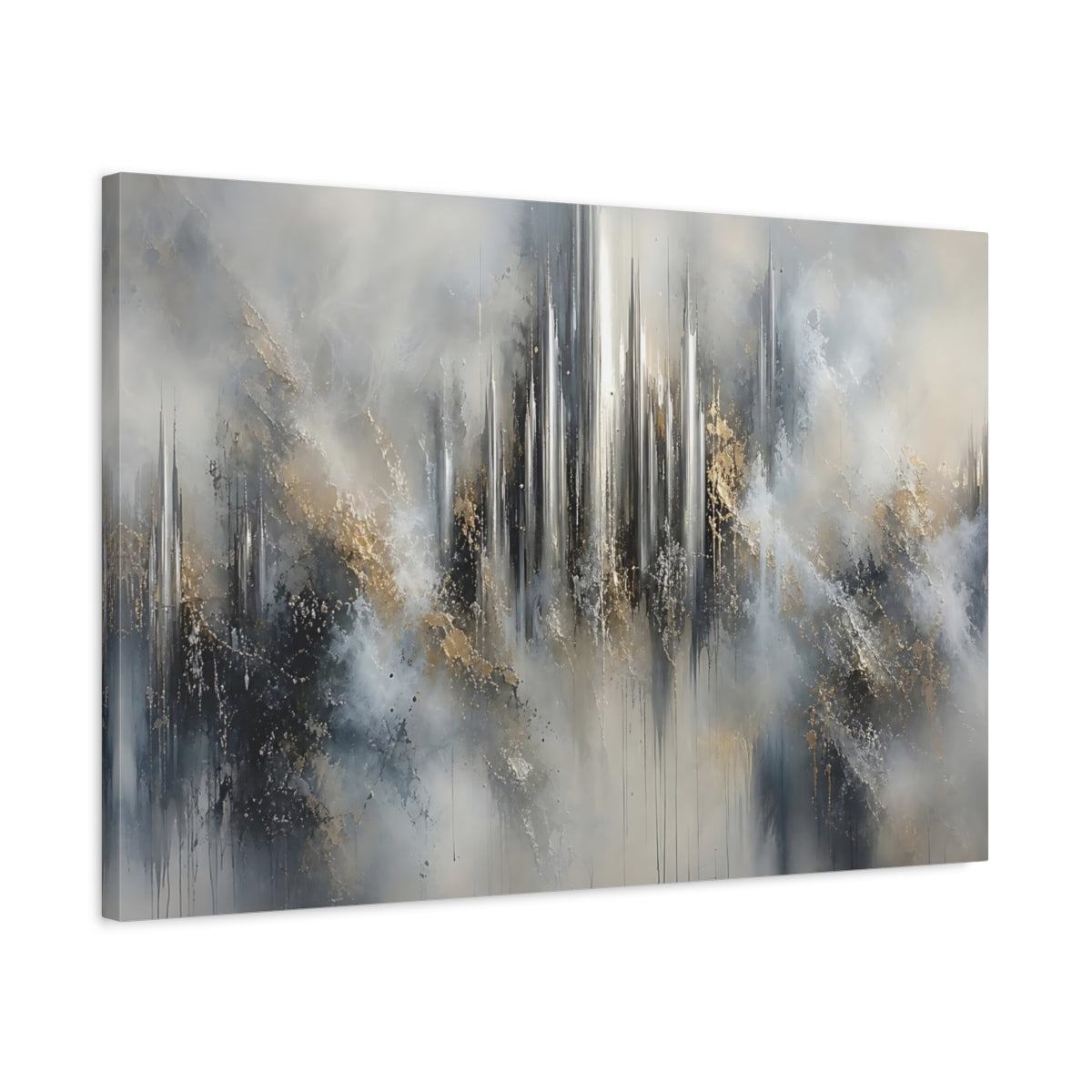 Side Mockup 2. Abstract Abstract Cityscape Abstract Gray Gold shown as stretched canvas wall art