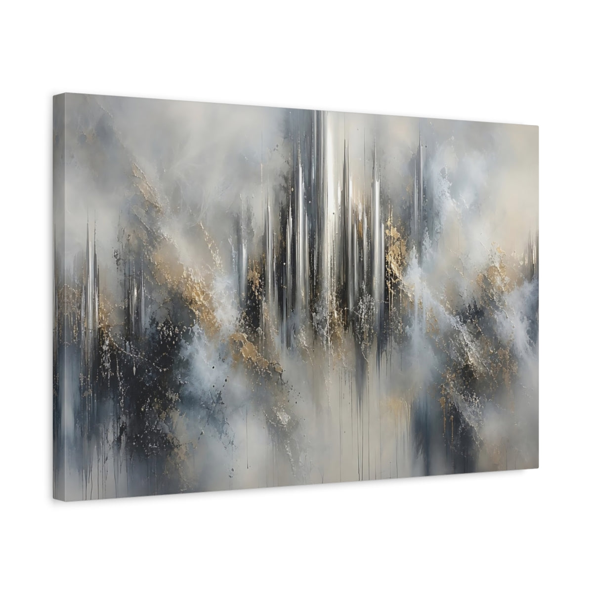 Side Mockup 3. Abstract Abstract Cityscape Abstract Gray Gold shown as stretched canvas wall art