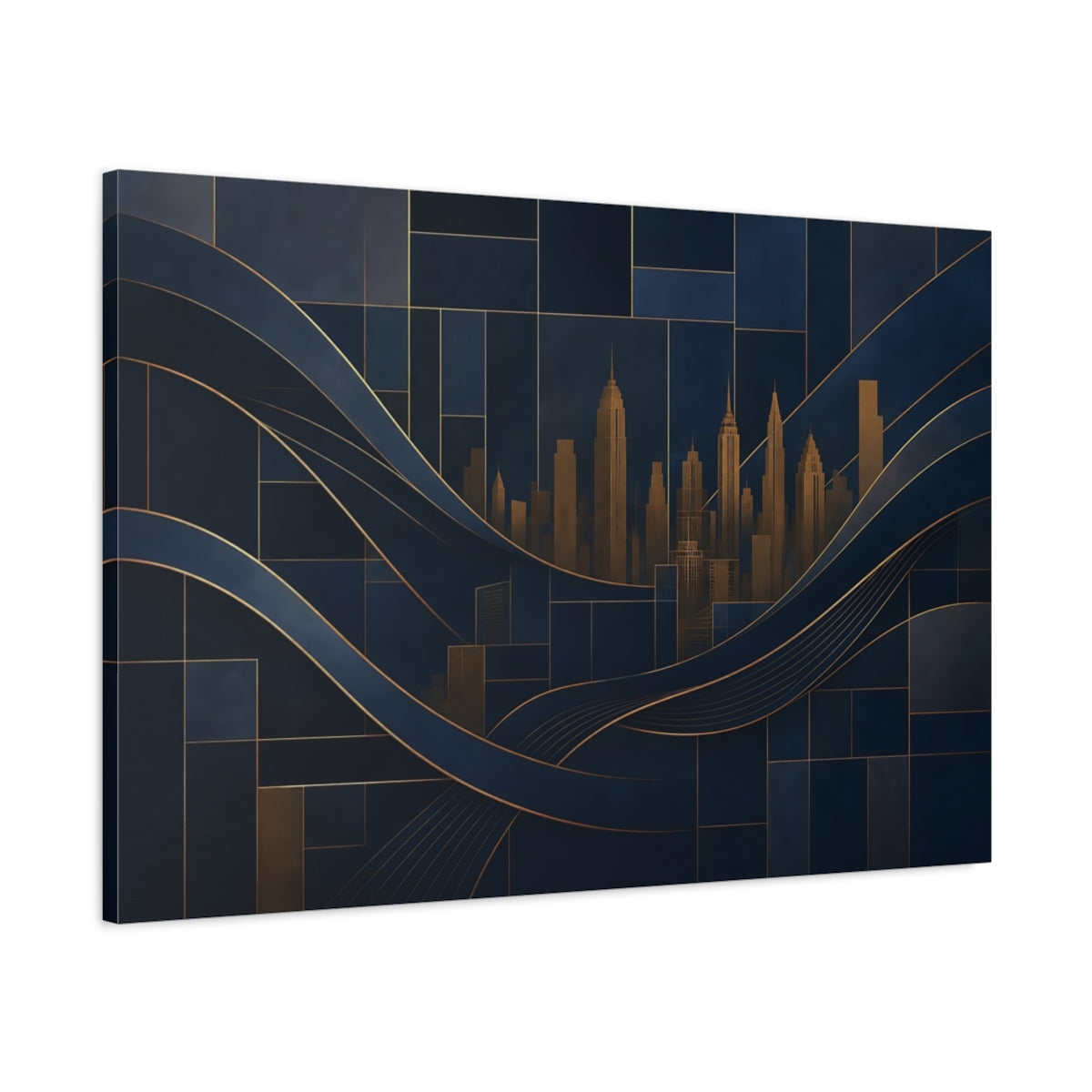 Main Mockup. Abstract Cityscape Navy Blue And Gold shown as stretched canvas wall art