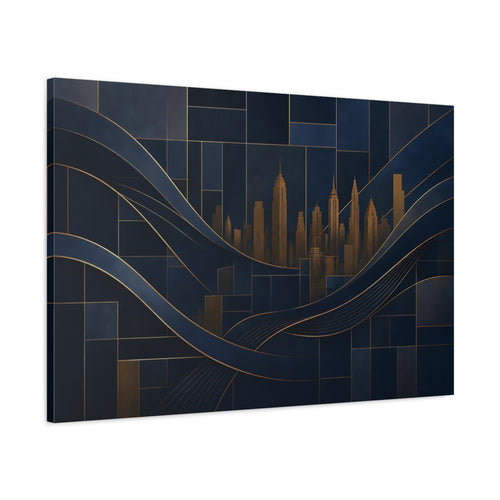 Main Mockup. Abstract Cityscape Navy Blue And Gold shown as stretched canvas wall art