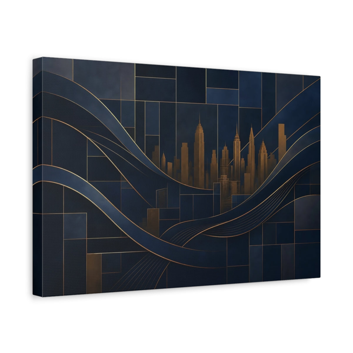 Side Mockup 4. Abstract Cityscape Navy Blue And Gold shown as stretched canvas wall art