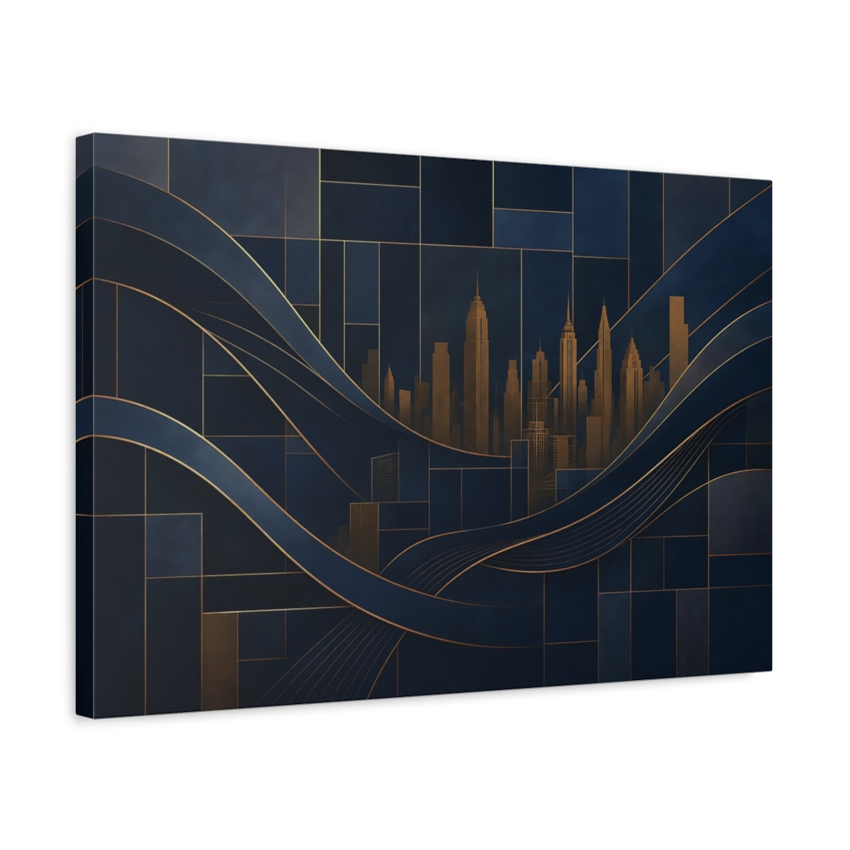Side Mockup 3. Abstract Cityscape Navy Blue And Gold shown as stretched canvas wall art