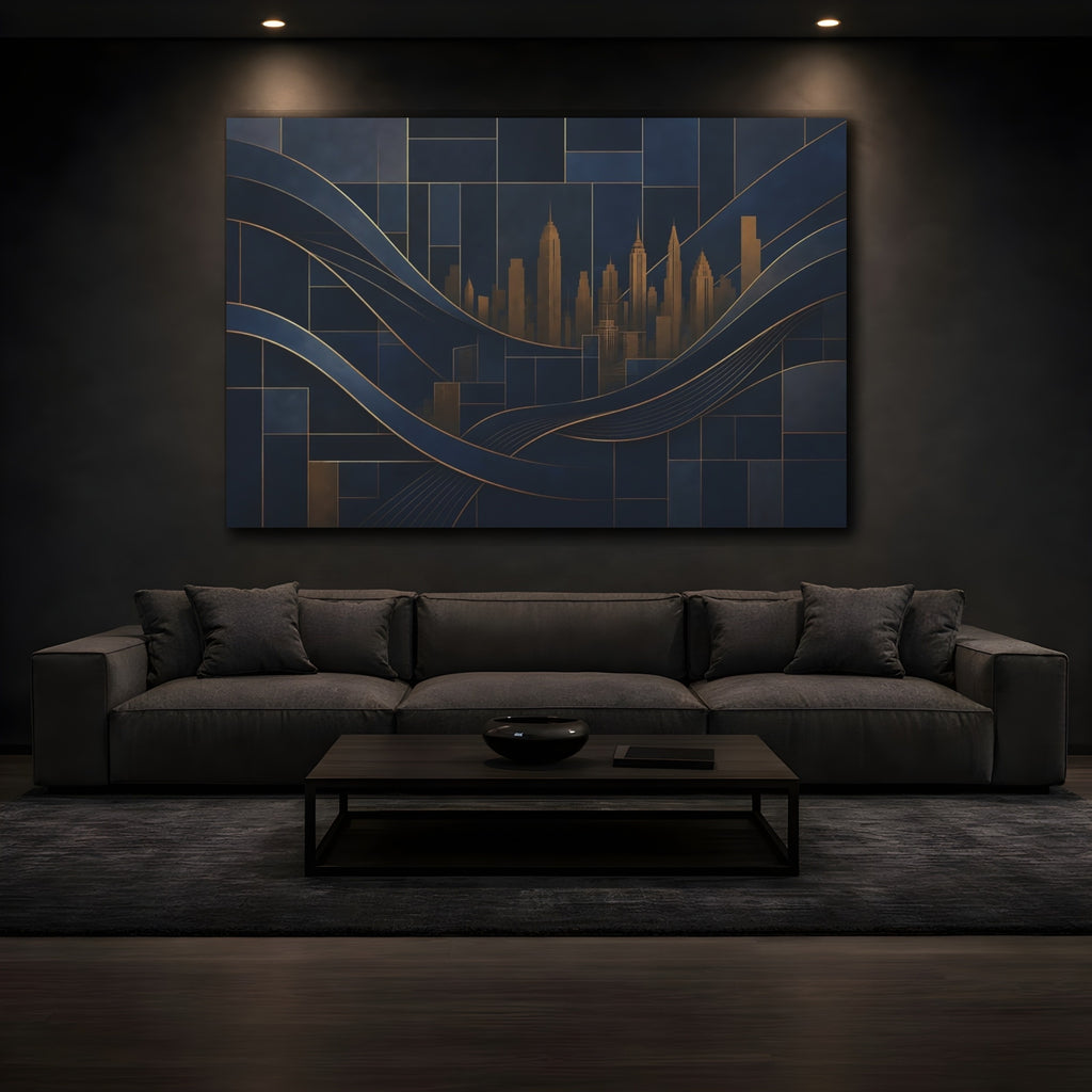Mockup 3. Abstract Cityscape Navy Blue And Gold shown as stretched canvas wall art