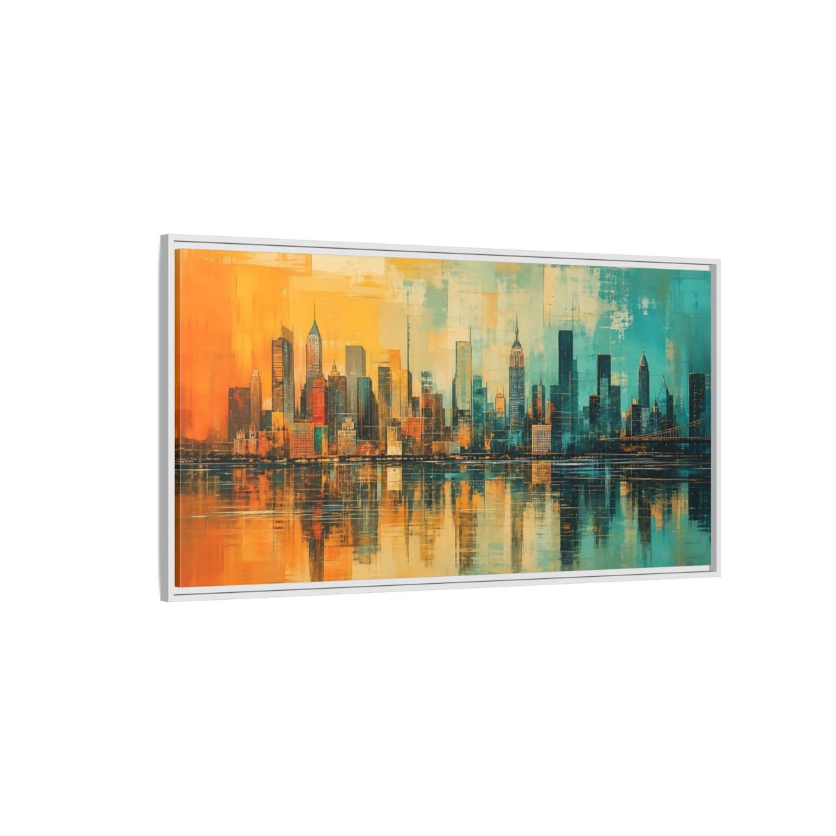 Side Mockup 3. Abstract Cityscape Teal Orange shown as stretched canvas wall art