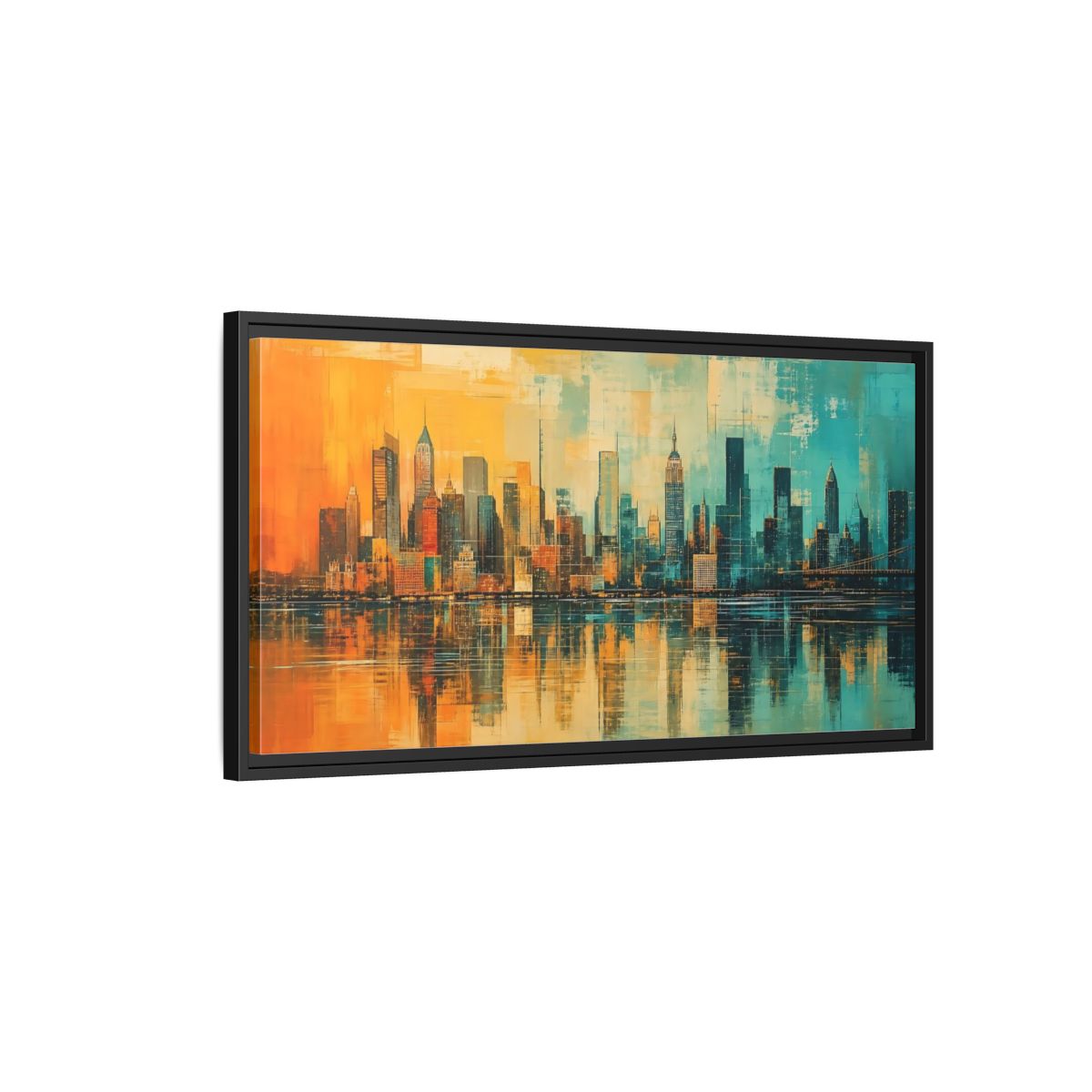 Side Mockup 2. Abstract Cityscape Teal Orange shown as stretched canvas wall art