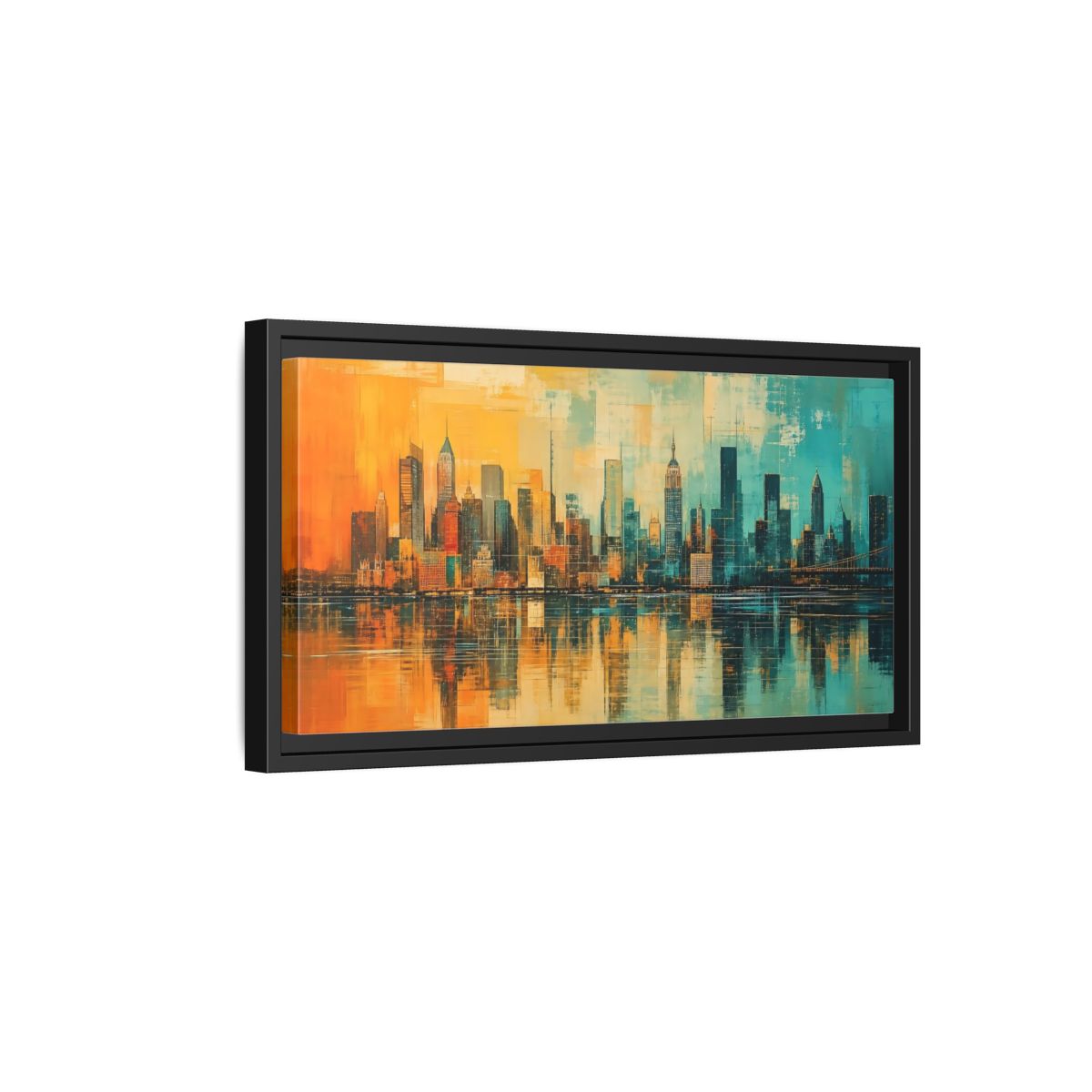 Side Mockup 8. Abstract Cityscape Teal Orange shown as stretched canvas wall art