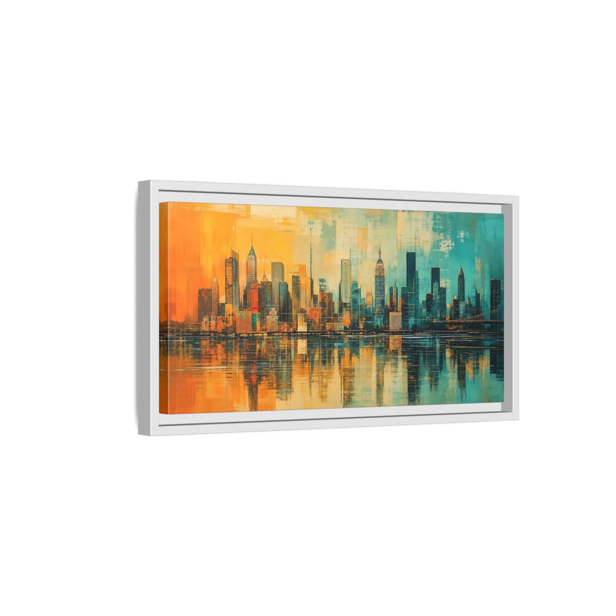 Side Mockup 6. Abstract Cityscape Teal Orange shown as stretched canvas wall art