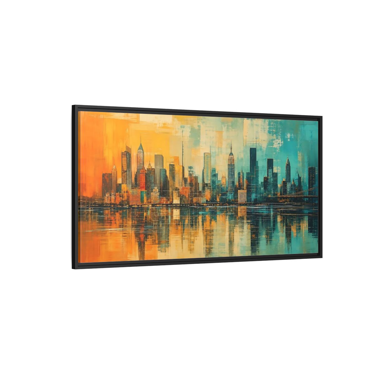 Side Mockup 5. Abstract Cityscape Teal Orange shown as stretched canvas wall art