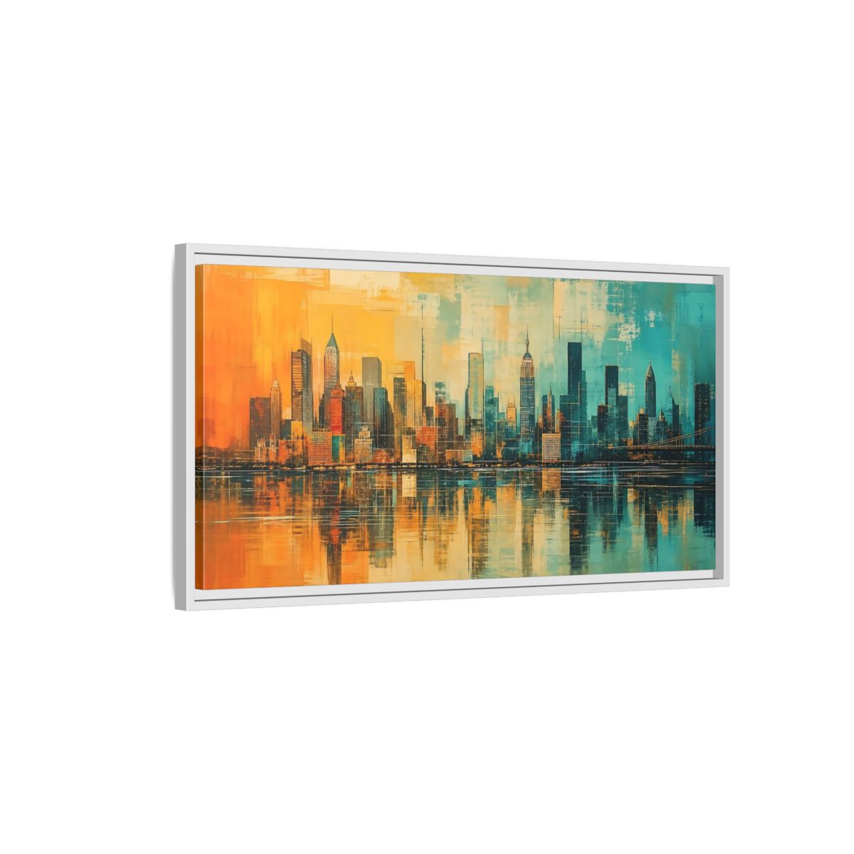 Side Mockup 1. Abstract Cityscape Teal Orange shown as stretched canvas wall art