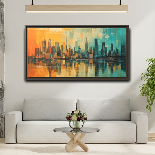 Mockup 2. Abstract Cityscape Teal Orange shown as stretched canvas wall art