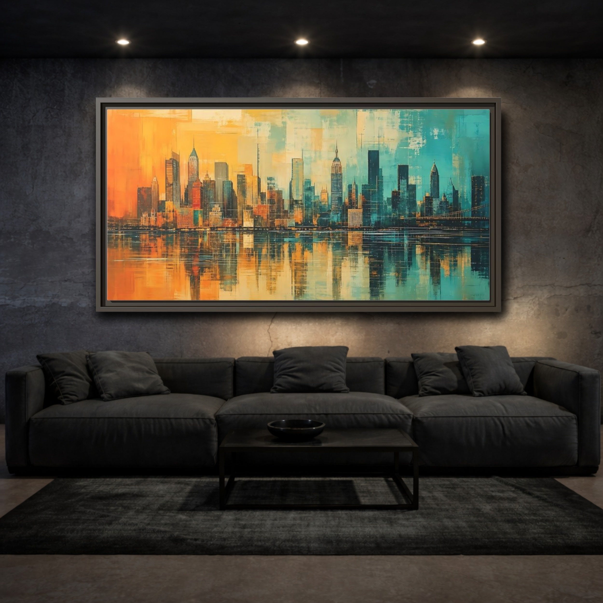 Mockup 3. Abstract Cityscape Teal Orange shown as stretched canvas wall art