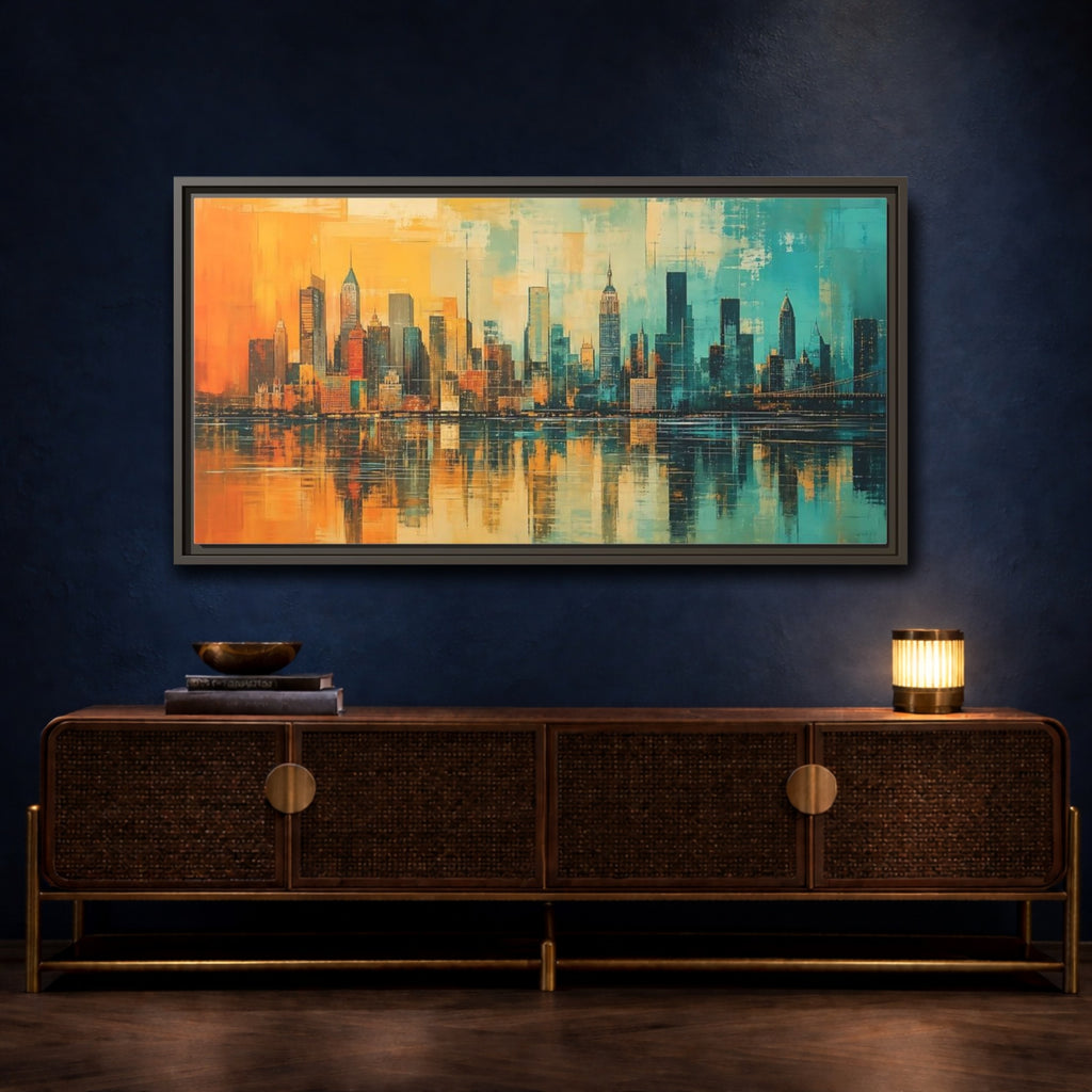 Mockup 4. Abstract Cityscape Teal Orange shown as stretched canvas wall art